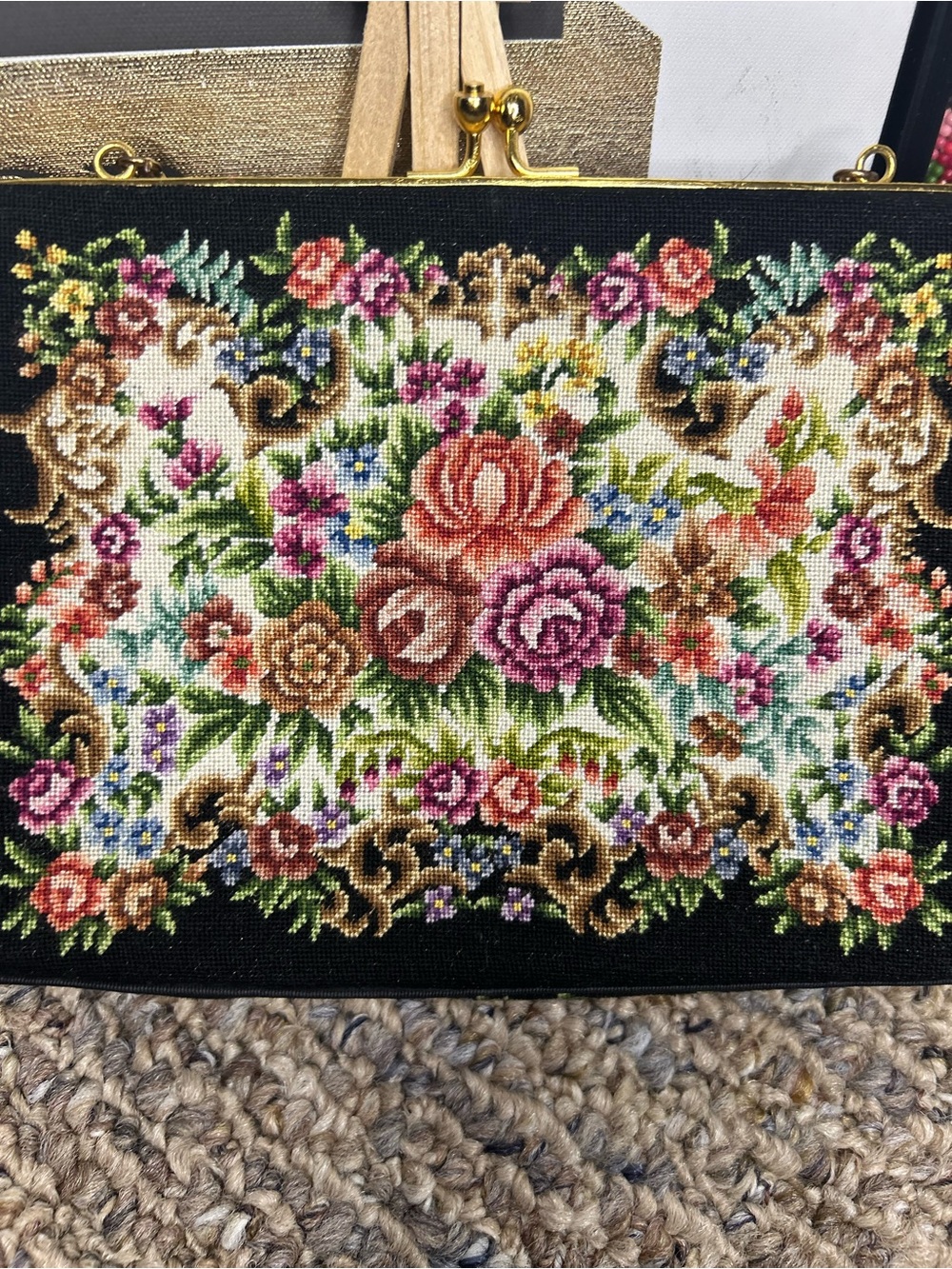 Vintage Needlepoint Floral Tapestry Purse • Petit Point • Kiss Lock • Chain - Picture 6 of 8